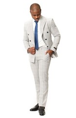 Slim Fit Double Breasted Plaid Chalk Grey 2 Button Peak Lapel Men Suit AZAR MAN