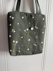 Cute Green Daisy Cotton Tote From Vietnam With Handmade Cat Pin From Japan