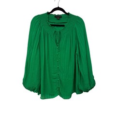 Sanctuary Smocked Blouse XL Womens Green Top Dobby Stripe Balloon Sleeve Shirt