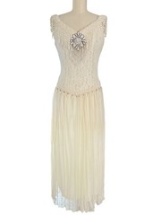 Y2K 90s Lace Midi Dress Sheer Pleated Pearl Beaded Fringe Cottagecore Bridal