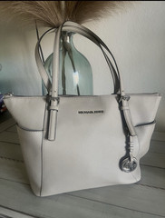 Michael Kors Gray Zip Tote Bag w/ Bag Charm, Silver Hardware, Inner Pockets