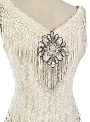 Y2K 90s Lace Midi Dress Sheer Pleated Pearl Beaded Fringe Cottagecore Bridal