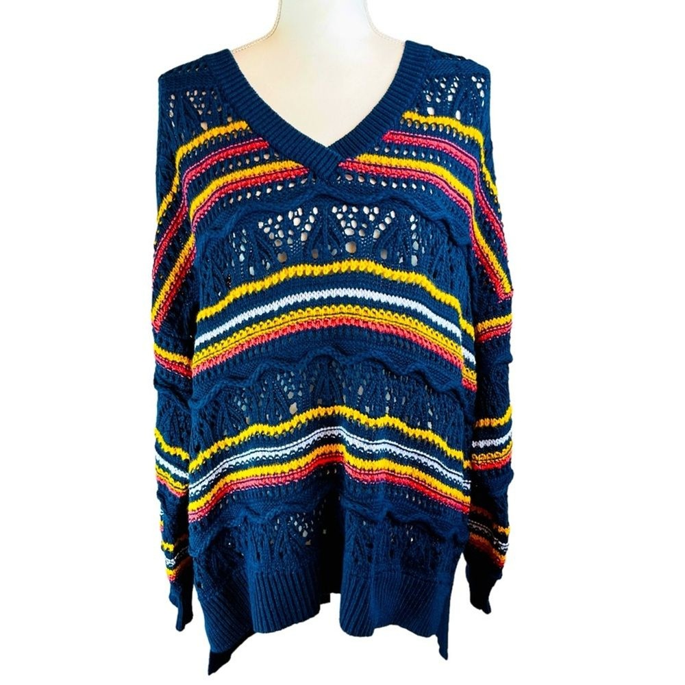 SUNDANCE Blue Open Weave Sweater Sz P XL V Neck Pullover Loose Fit Stripe Tunic