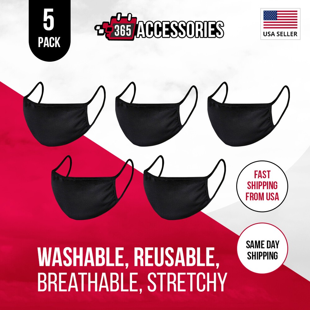 [5-Pcs] Black Face Fashion Mask Cloth Washable Unisex Black Soft Breathable