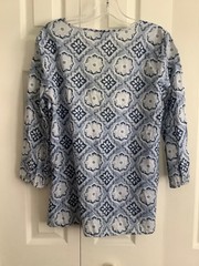 J Jill Long Sleeve Tunic Top Cotton Blue White Tied Neck w Pleats XS