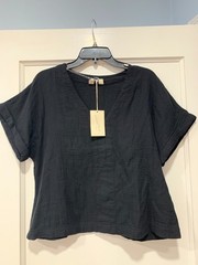 A New Day Black Cotton Gauze V Neck S/S Top L NWT