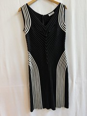 Musani Couture Black/White Striped Pleated V-Neck Sheath Dress, Size 8