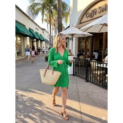 Glamorous Green Pleated Wrap Dress Long Sleeve Tie Waist Mini
