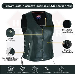 Women’s Motorcycle Side Lace Leather Vest Zipper Pockets 2 Gun Pocket HL14851SPT