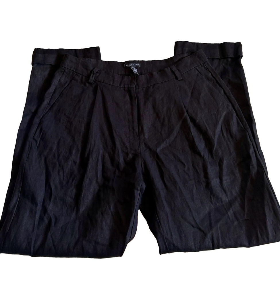 NWOT Eileen Fisher Linen Trouser W/Pleats, Cuffs, Zip Up and Pockets. Black Sm