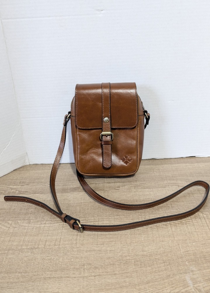 Patricia Nash Zeva Leather Crossbody Wallet Cognac Caramel Hard Case Saddle Bag