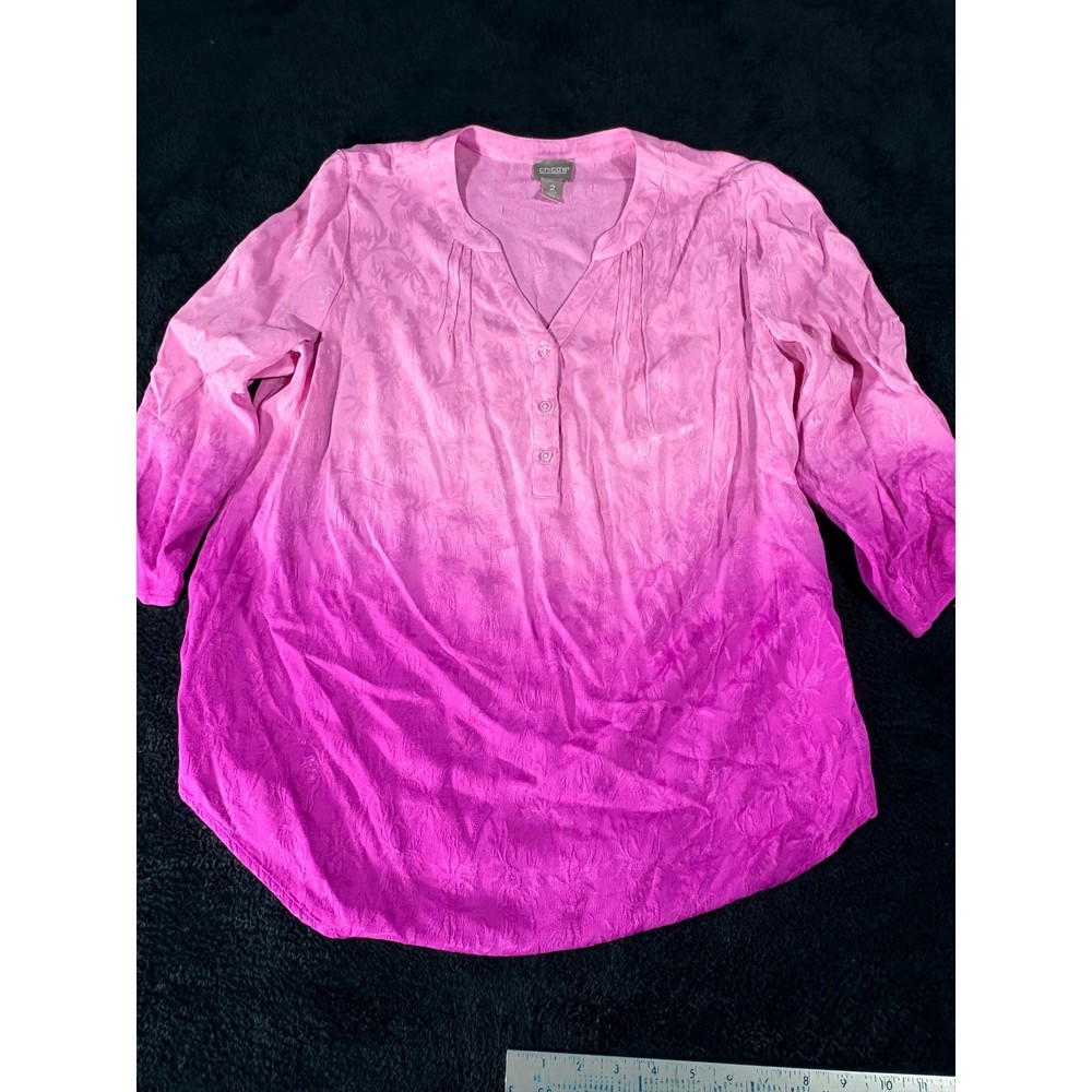 Chico’s Pink Purple Ombre Floral Button Down 3/4 Sleeve Tunic Top Women’s