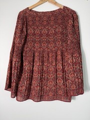 Maxi Studio Women’s Pleated Printed Crepe Top Red Flare Sleeves Size M Boho