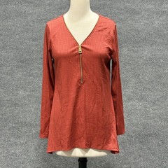 Cable & Gauge Shirt Womens Medium Red Orange Zip Front Tunic Top Stretch Ribbed