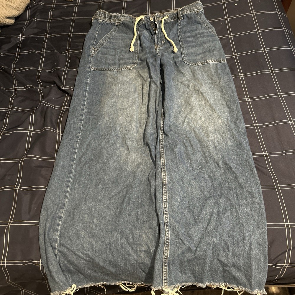 Lucky Brand Blue Denim Wide-Leg Relaxed Mid Rise Drawstring 5-Pocket Jeans