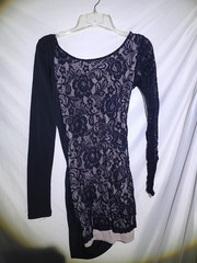 B.loom Black Beige Floral Lace Sheer Ruched V-Neck Long Sleeve Mini Dress S