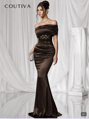 COUTIVA Women’s Brown Solid Ruched Satin Mermaid Maxi Dress Short Sleeve XL