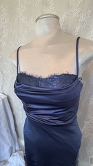 Windsor Blue Satin Cowl Neck Lace Trim Long Gown Side Slit Adj Straps S
