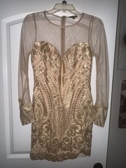 A.PEACH Gold Sequin Mesh Sheer Long Sleeve Bodycon Mini Dress Size M
