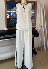 Ladies Solid Sleeveless V Neck Black Edge Trim Matching Wide Leg Trousers Suit