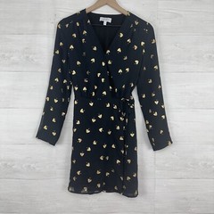 & Other Stories Mini Wrap Dress Size 0 Black Gold Leaves Long Sleeve Twee