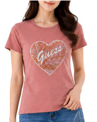 GUESS Womens Rhinestone Heart Graphic Tee Mauve Pink Short Sleeve Top Size M NWT