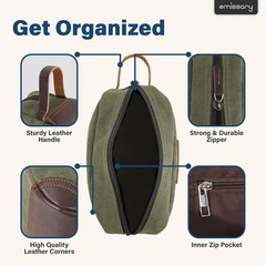 Men’s Leather and Canvas Travel Toiletry Dopp Kit, Shaving Bag (Dark Green)