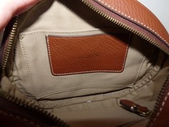 J. Crew Signet Round Crossbody Bag Brown Leather Red Accents Purse Lock & Key