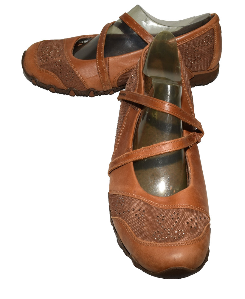 Skechers Brown Leather Small Studded Mesh Mary Jane Comfort Shoes Womens 9.5M