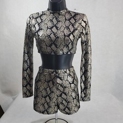 Good Time USA Metallic Gold Snakeskin Shorts Set Crop Top Long Sleeve Small S