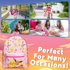 Pokemon Backpack for Kids Teens Boys Girls, Pikachu 16.1x13x4.7inch, Pink