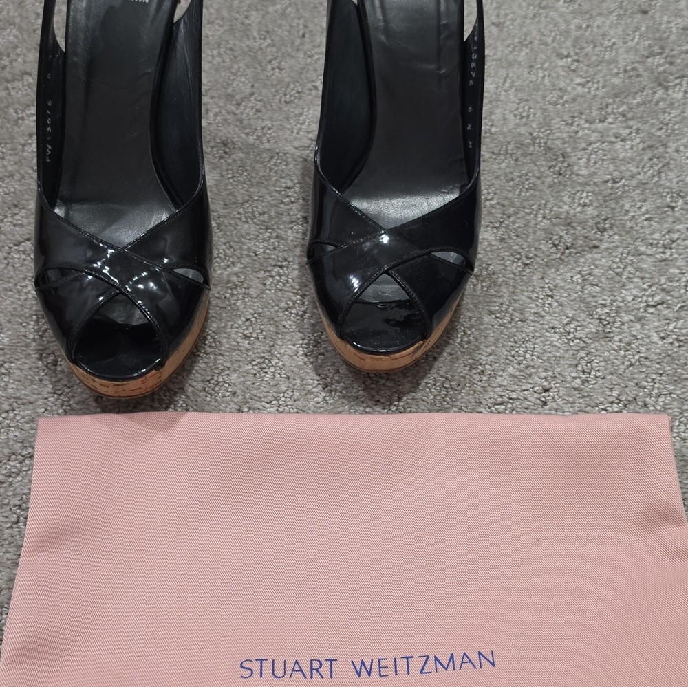 Stuart Weitzman Black Patent Leather Slingback Peep Toe Platform Heels EU38.5