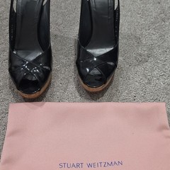 Stuart Weitzman Black Patent Leather Slingback Peep Toe Platform Heels EU38.5
