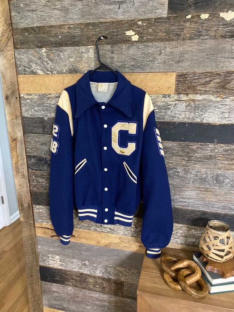 70s/80s Vintage Blue Wool Varsity Howe Snap front Jacket sz 42 QB & baseball ⚾️