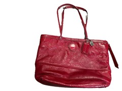 Coach Women Signature C Embossed Garnet Red Patent Leather Diaper Bag Tote Large