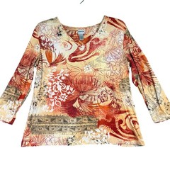 Chicos 3 US XL 16 Tropical Floral Print Long Sleeve V Neck Top Rayon Stretch