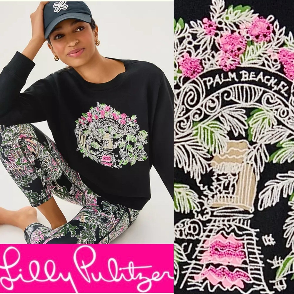 NWT Lilly Pulitzer Ballad Embroidered Sweatshirt LRG/XL in Palm Beach Toile Noir