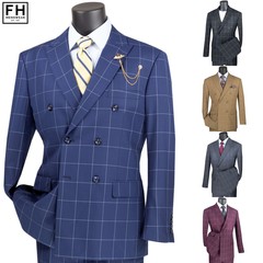 VINCI Men’s Windowpane Double Breasted 6 Button Modern Fit Suit NEW