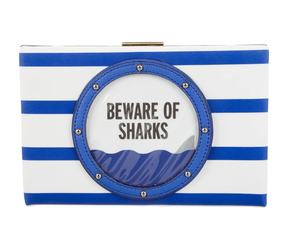 NWT KATE SPADE Emanuelle Make A Splash Beware Of Sharks Blue Stripe Clutch Purse
