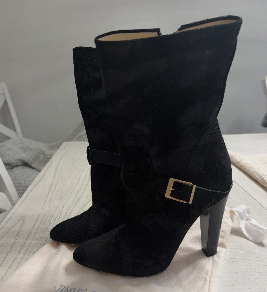 Jimmy Choo Black Suede Mid-Calf Buckle Boots Pointed Toe US 8.5