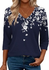 Womens 3/4 Sleeve V Neck Tunic Top Soft Stretchy Blouse for Casual Work Office