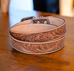 Women’s Western Leather Belt, Floral Embossed Cowgirl Rodeo Hand Tooled Belt