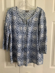 J Jill Long Sleeve Tunic Top Cotton Blue White Tied Neck w Pleats XS