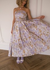 Strapless Lavender Floral Jacquard Ball Gown Formal Evening Prom Dresses