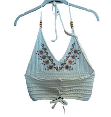 Crochet Bareback Halter Top M Cream Boho Festival Embroidered Beads Indie