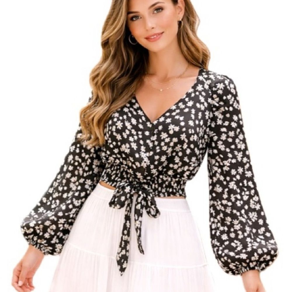 Topshop Satin Daisy Floral Cropped Wrap Tie Top Size 8 Balloon Long Sleeve Y2K