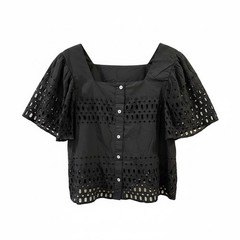 Calypso St. Barth Black Eyelet Lace Puff Sleeve Blouse- Size M – Summer Cotton