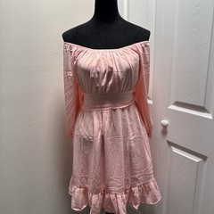 DOKOTOO Pink Off Shoulder Cut Out Satin Fit & Flare Ruffle Bow Long Sleeve L