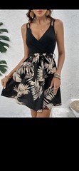 SHEIN Frenchy Leaf Print V-Neck Strappy Sleeveless Mini Sundress Black/Beige M