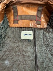 GAS Mens Brown Leather Biker Jacket XL Full Zip Button Band Collar